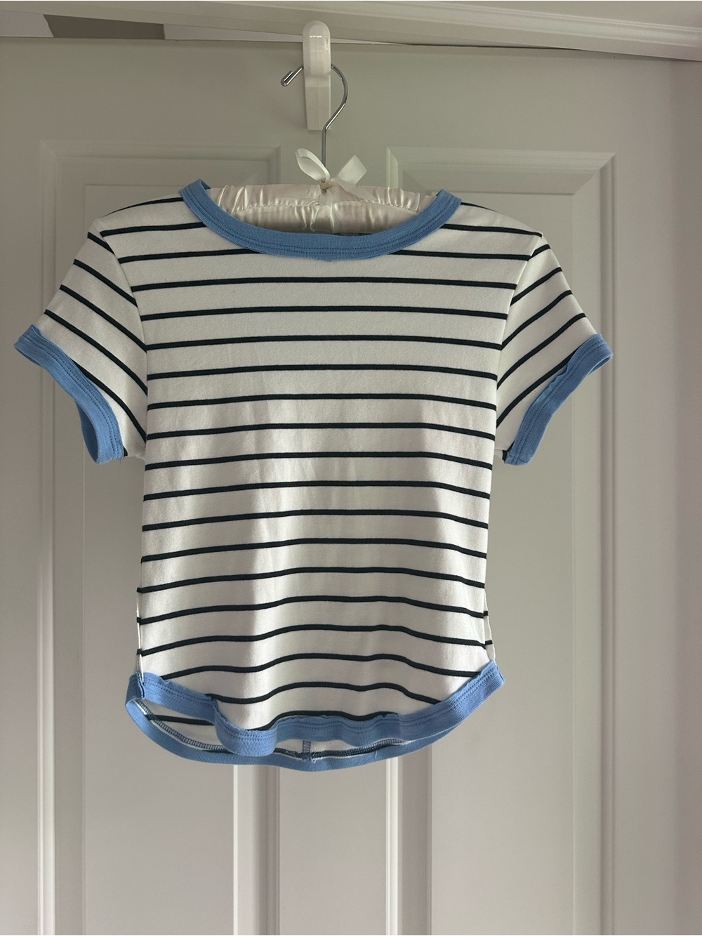 Altar'd State White Tee with Navy Stripes and Light Blue Trim